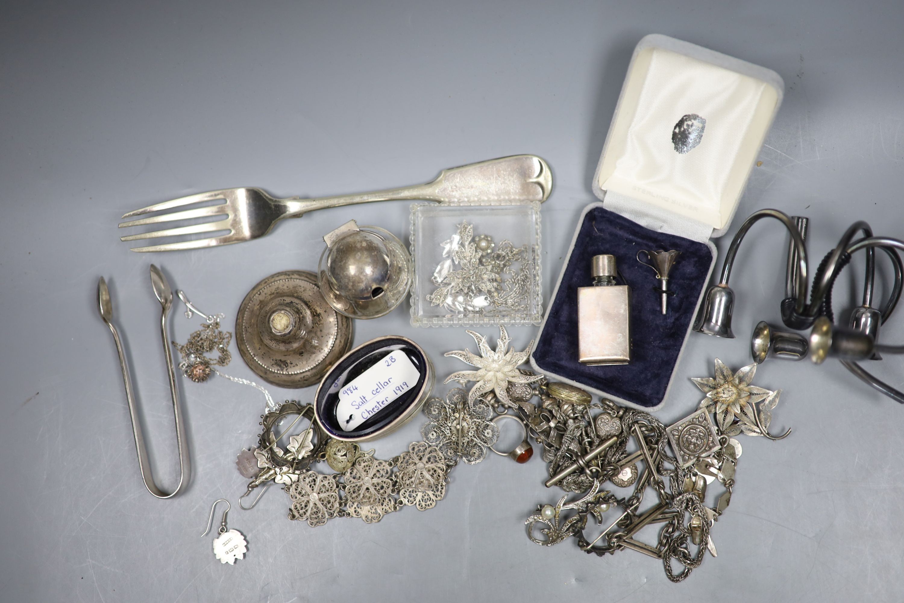 A group of assorted silver, white metal and plated items including jewellery and a pair of Svend Larsen miniature candelabra.